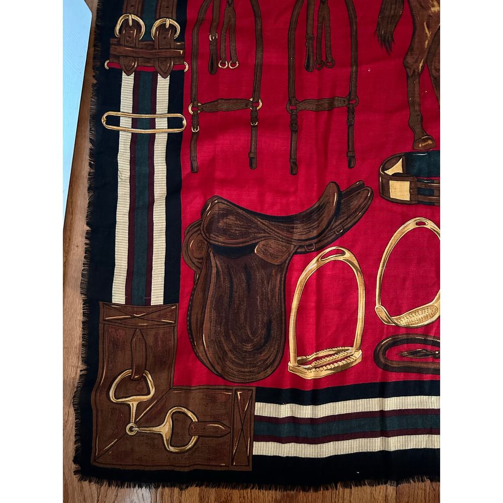 Ralph Lauren equestrian wool Silk horse Scarf Black Red 50x50” large READ - Picture 7 of 16